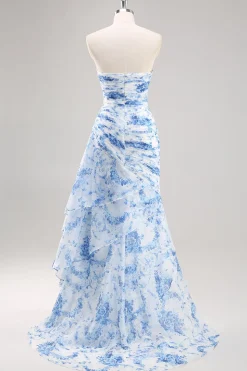 Vestido De Baile Longo Sereia Sem Alças Branco Azul Flores Chiffon