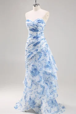 Vestido De Baile Longo Sereia Sem Alças Branco Azul Flores Chiffon