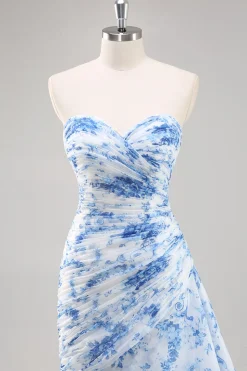 Vestido De Baile Longo Sereia Sem Alças Branco Azul Flores Chiffon
