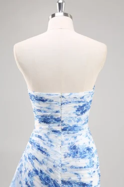 Vestido De Baile Longo Sereia Sem Alças Branco Azul Flores Chiffon