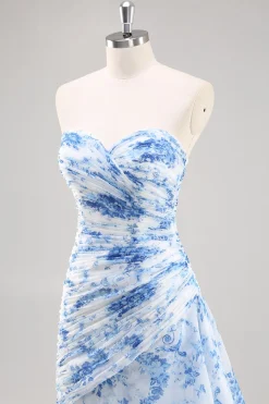 Vestido De Baile Longo Sereia Sem Alças Branco Azul Flores Chiffon