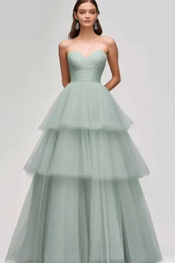 Vestido De Baile Longo Verde Claro Linha-A Sem Alças