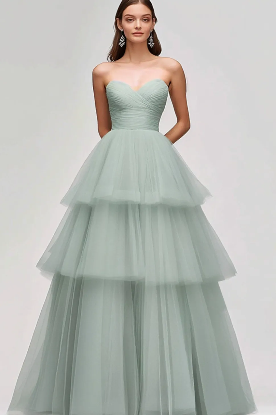 Vestido De Baile Longo Verde Claro Linha-A Sem Alças