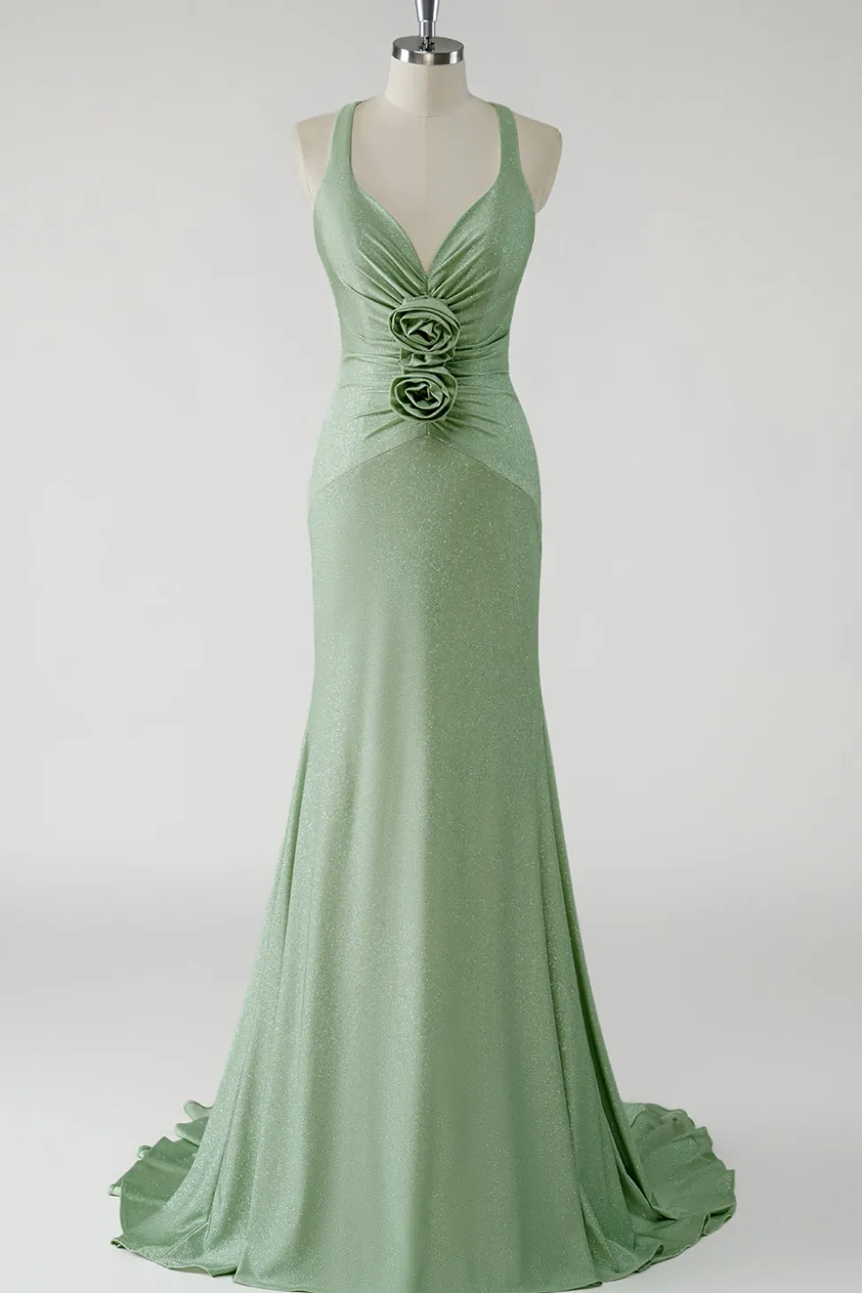 Vestido de baile longo verde brilhante bainha com flores 3D