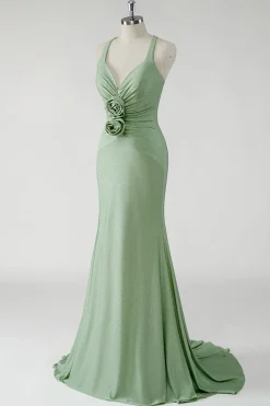 Vestido de baile longo verde brilhante bainha com flores 3D
