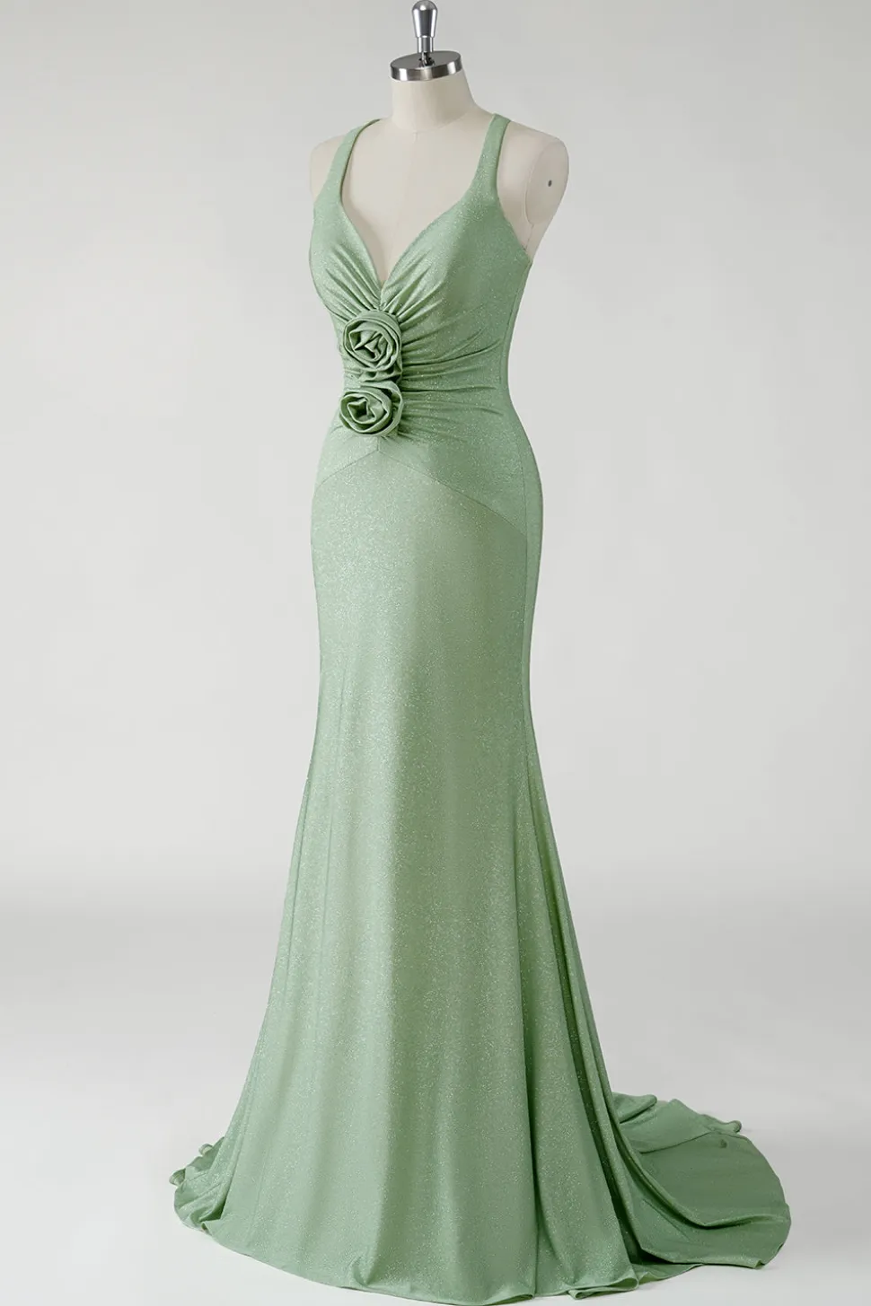 Vestido de baile longo verde brilhante bainha com flores 3D