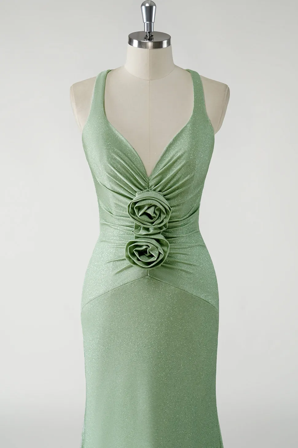 Vestido de baile longo verde brilhante bainha com flores 3D