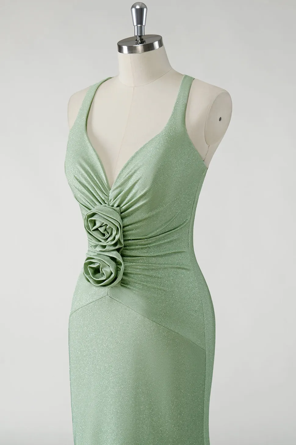 Vestido de baile longo verde brilhante bainha com flores 3D