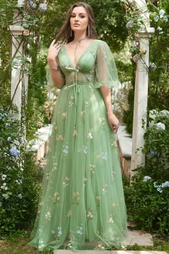 Vestido de Baile Mangas Curtas Gola em V