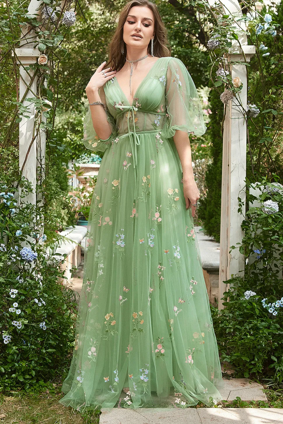 Vestido de Baile Mangas Curtas Gola em V