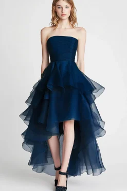 Vestido De Baile Marinha Assimétrico Linha-A Sem Alças