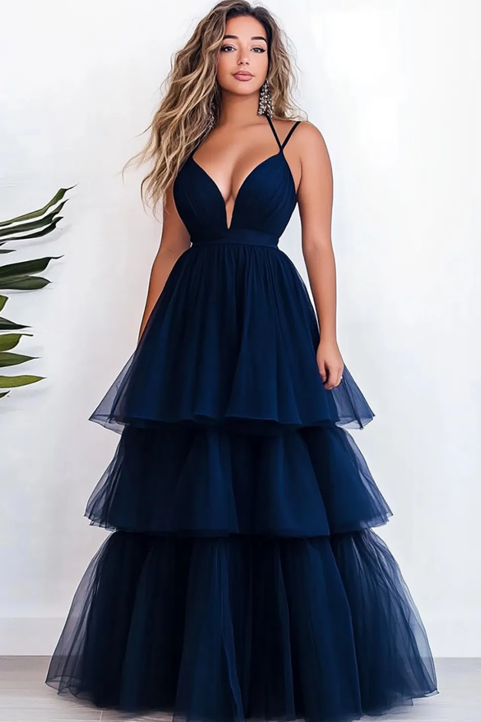 Vestido de Baile Marinha Alças Finas Tule Longo Linha-A