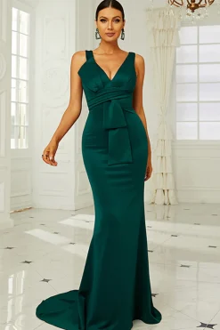 Vestido de baile pescoço em V verde escuro