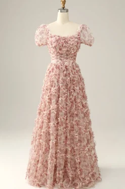Vestido de baile pescoço quadrado rosa