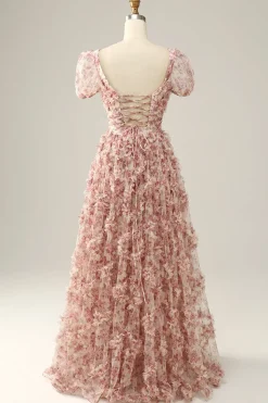 Vestido de baile pescoço quadrado rosa