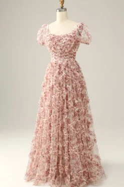 Vestido de baile pescoço quadrado rosa