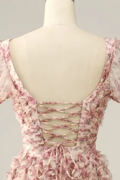 Vestido de baile pescoço quadrado rosa
