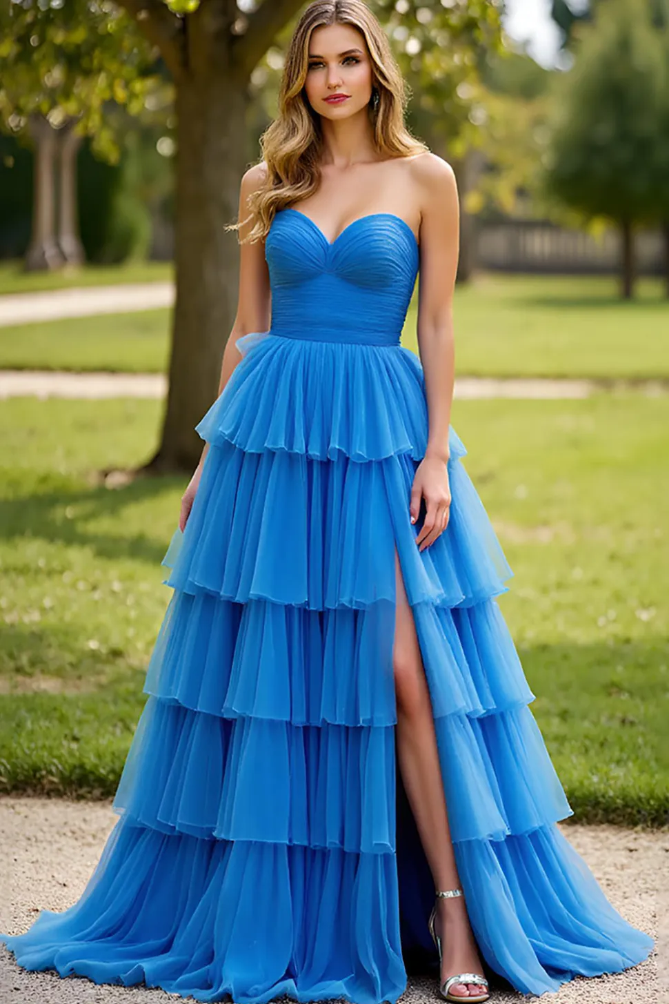 Vestido de baile plissado sem alças azul com fenda