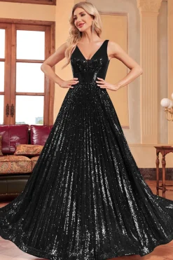Vestido de baile preto brilhante A-Line com lantejoulas