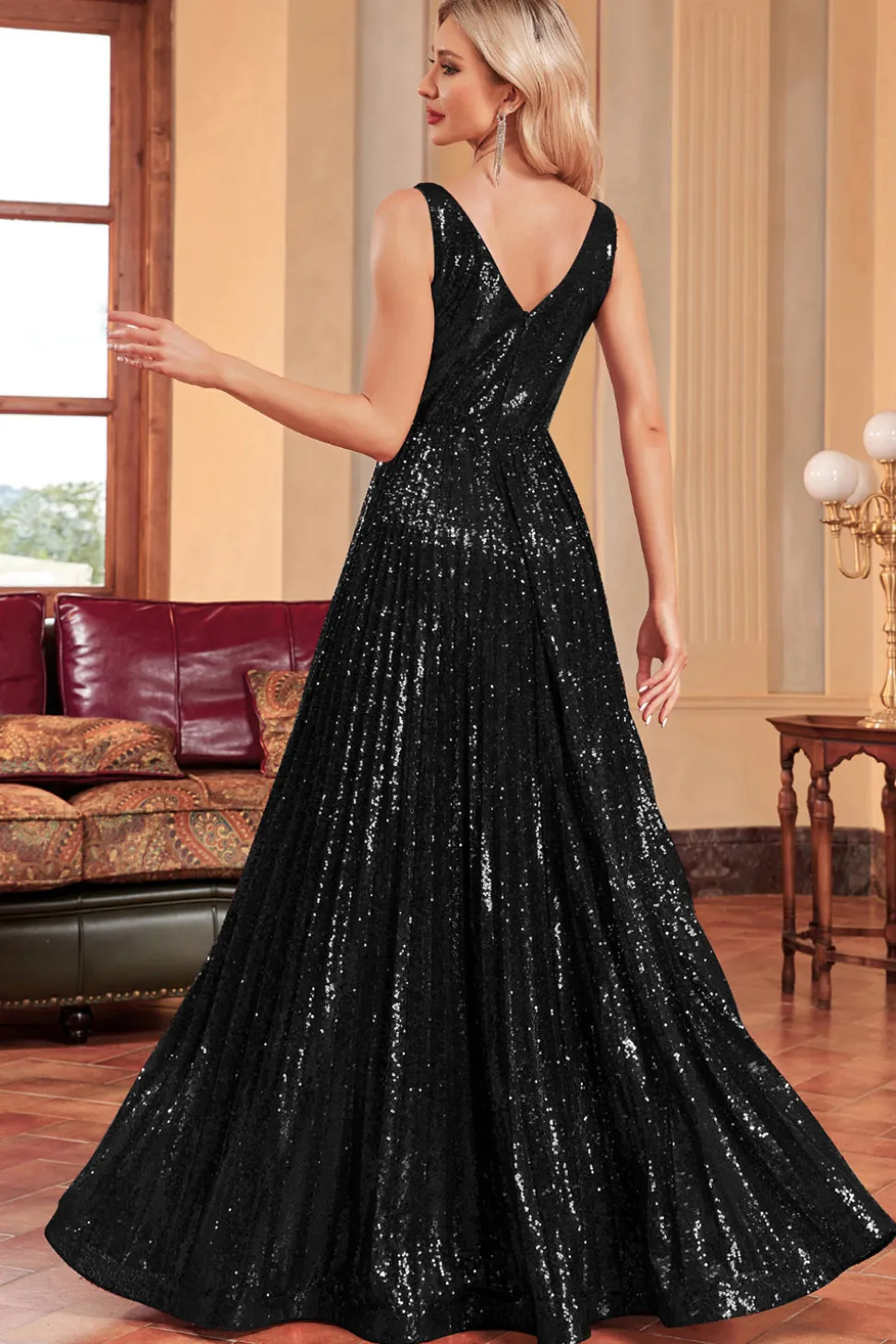Vestido de baile preto brilhante A-Line com lantejoulas