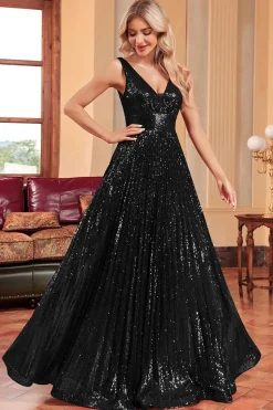 Vestido de baile preto brilhante A-Line com lantejoulas