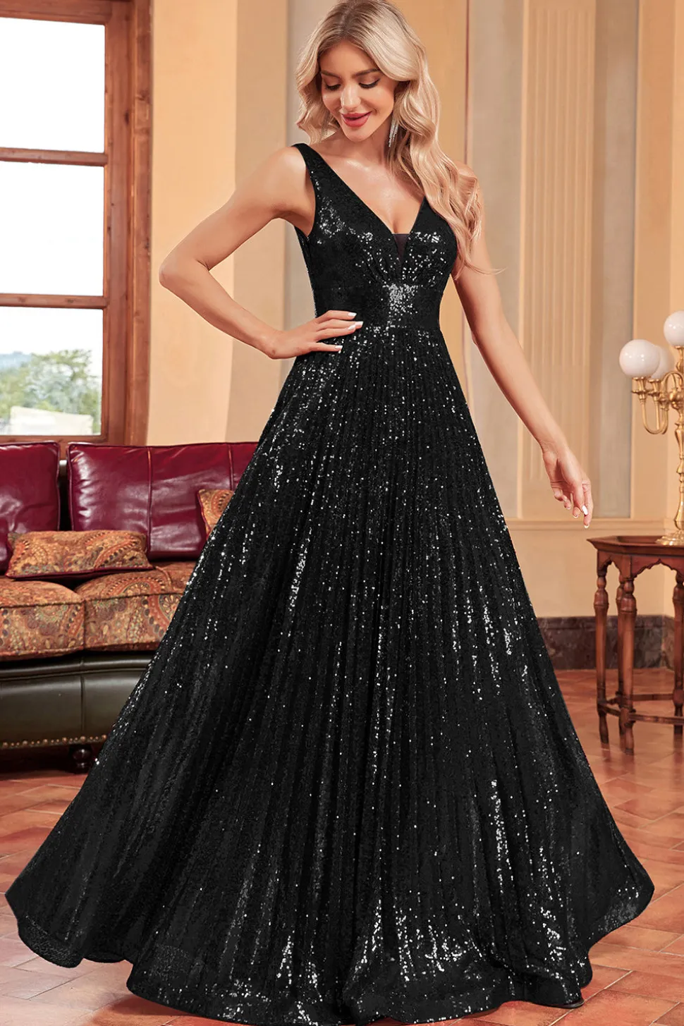 Vestido de baile preto brilhante A-Line com lantejoulas