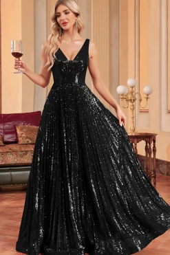 Vestido de baile preto brilhante A-Line com lantejoulas