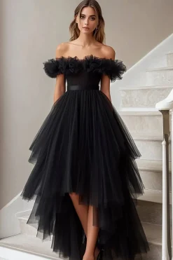 Vestido De Baile Preto Linha-A Fora do Ombro Tule Longo