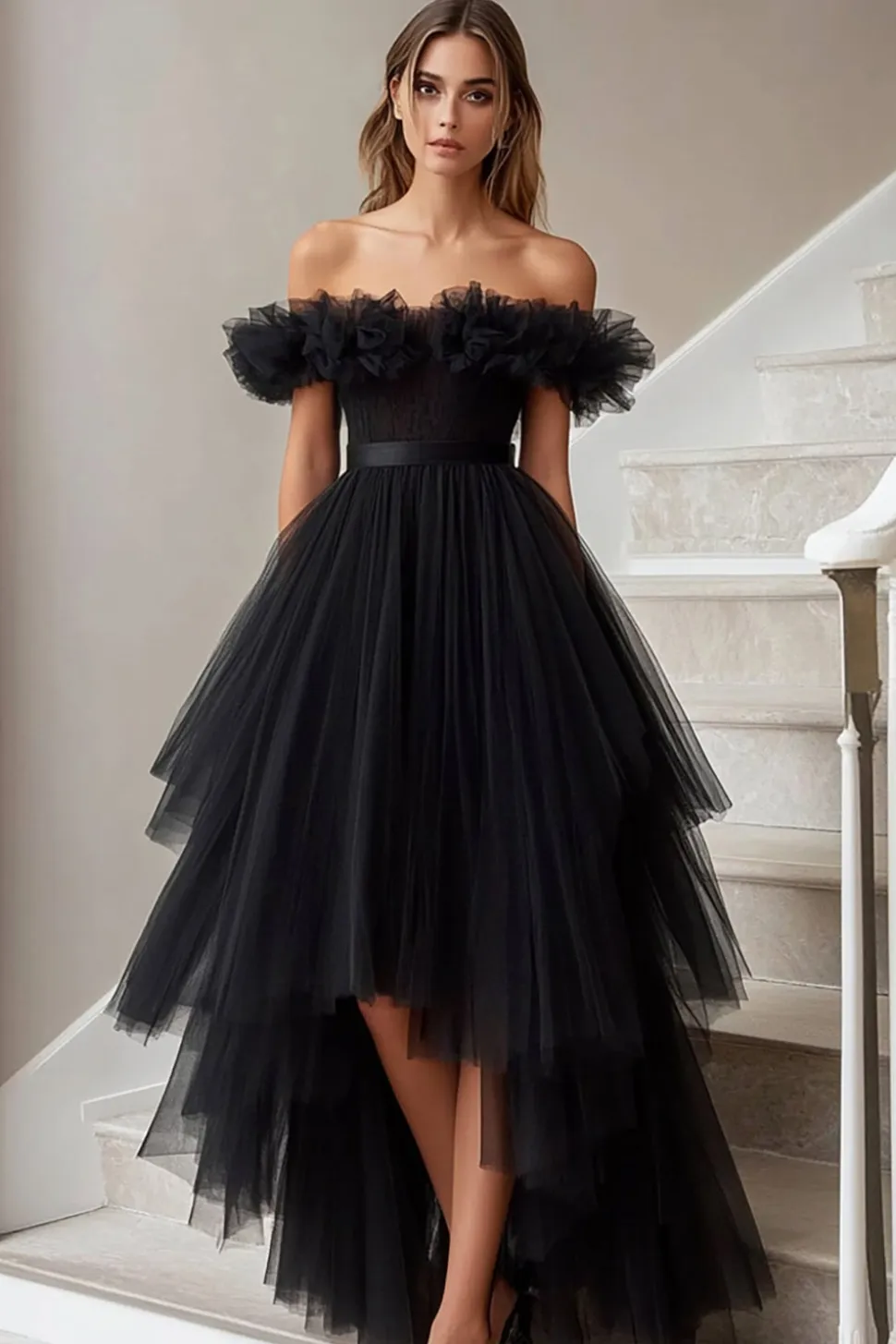 Vestido De Baile Preto Linha-A Fora do Ombro Tule Longo