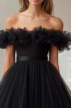 Vestido De Baile Preto Linha-A Fora do Ombro Tule Longo