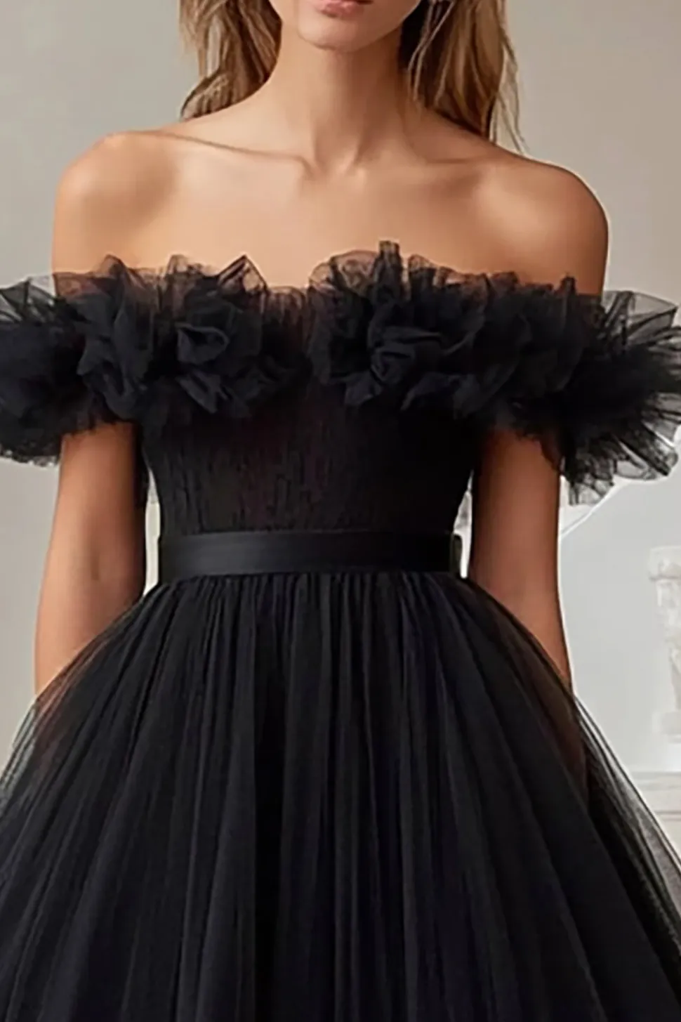 Vestido De Baile Preto Linha-A Fora do Ombro Tule Longo