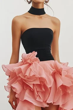 Vestido De Baile Preto Rosa Sem Alças Assimétrico Babados