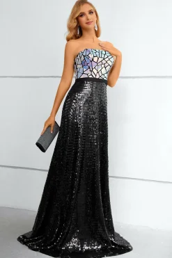 Vestido de baile preto sem alças de lantejoulas