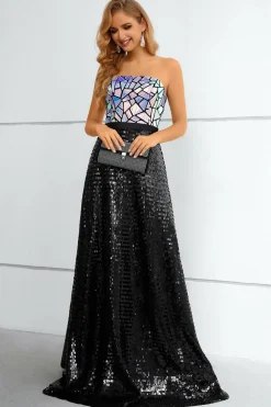 Vestido de baile preto sem alças de lantejoulas