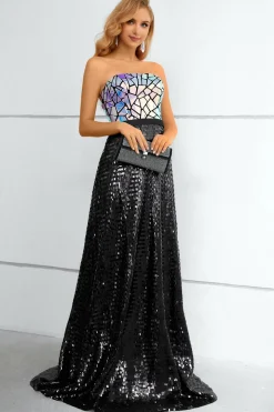 Vestido de baile preto sem alças de lantejoulas