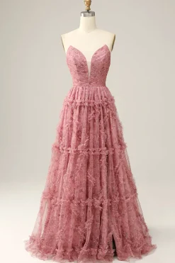 Vestido de Baile Rosa A-Line Sem Cintas