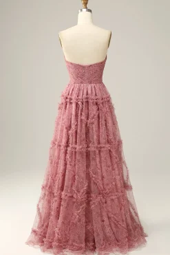 Vestido de Baile Rosa A-Line Sem Cintas