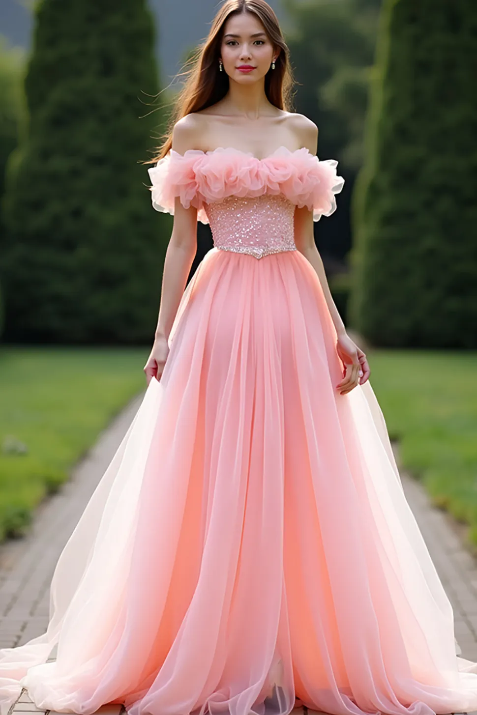Vestido de baile rosa da princesa babado fora do ombro tule longo vestido de baile com missangas