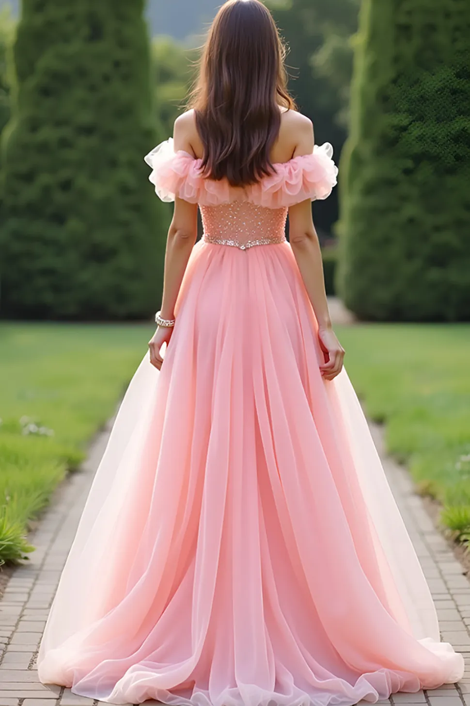 Vestido de baile rosa da princesa babado fora do ombro tule longo vestido de baile com missangas
