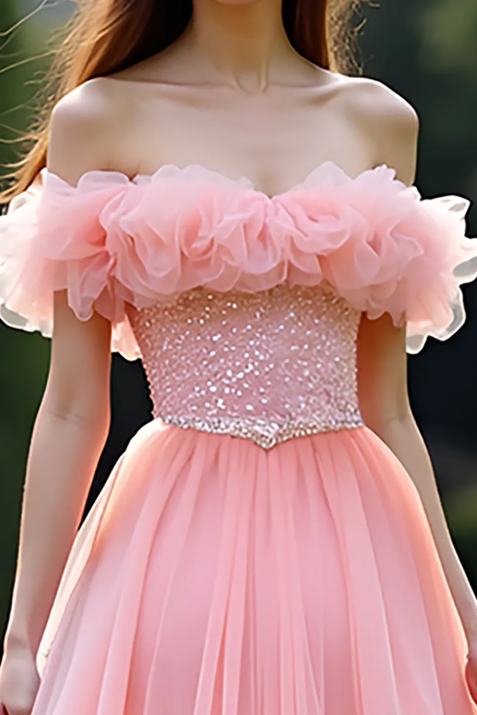 Vestido de baile rosa da princesa babado fora do ombro tule longo vestido de baile com missangas