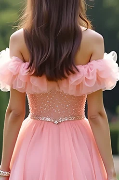 Vestido de baile rosa da princesa babado fora do ombro tule longo vestido de baile com missangas