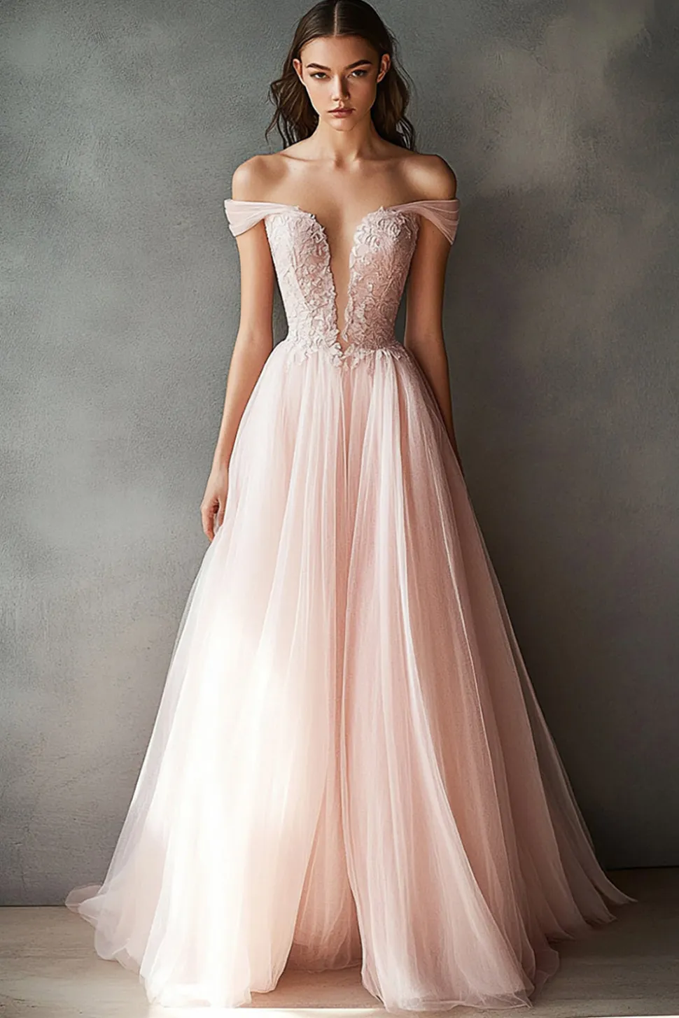Vestido De Baile Rosa Renda Fora do Ombro Longo Linha-A