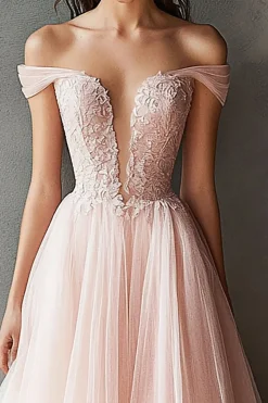Vestido De Baile Rosa Renda Fora do Ombro Longo Linha-A