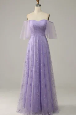 Vestido de Baile Roxo Fora do Ombro