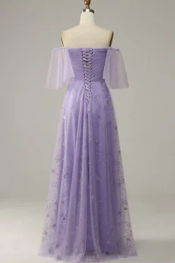 Vestido de Baile Roxo Fora do Ombro