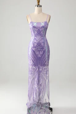 Vestido de baile sem costas roxo claro com lantejoulas