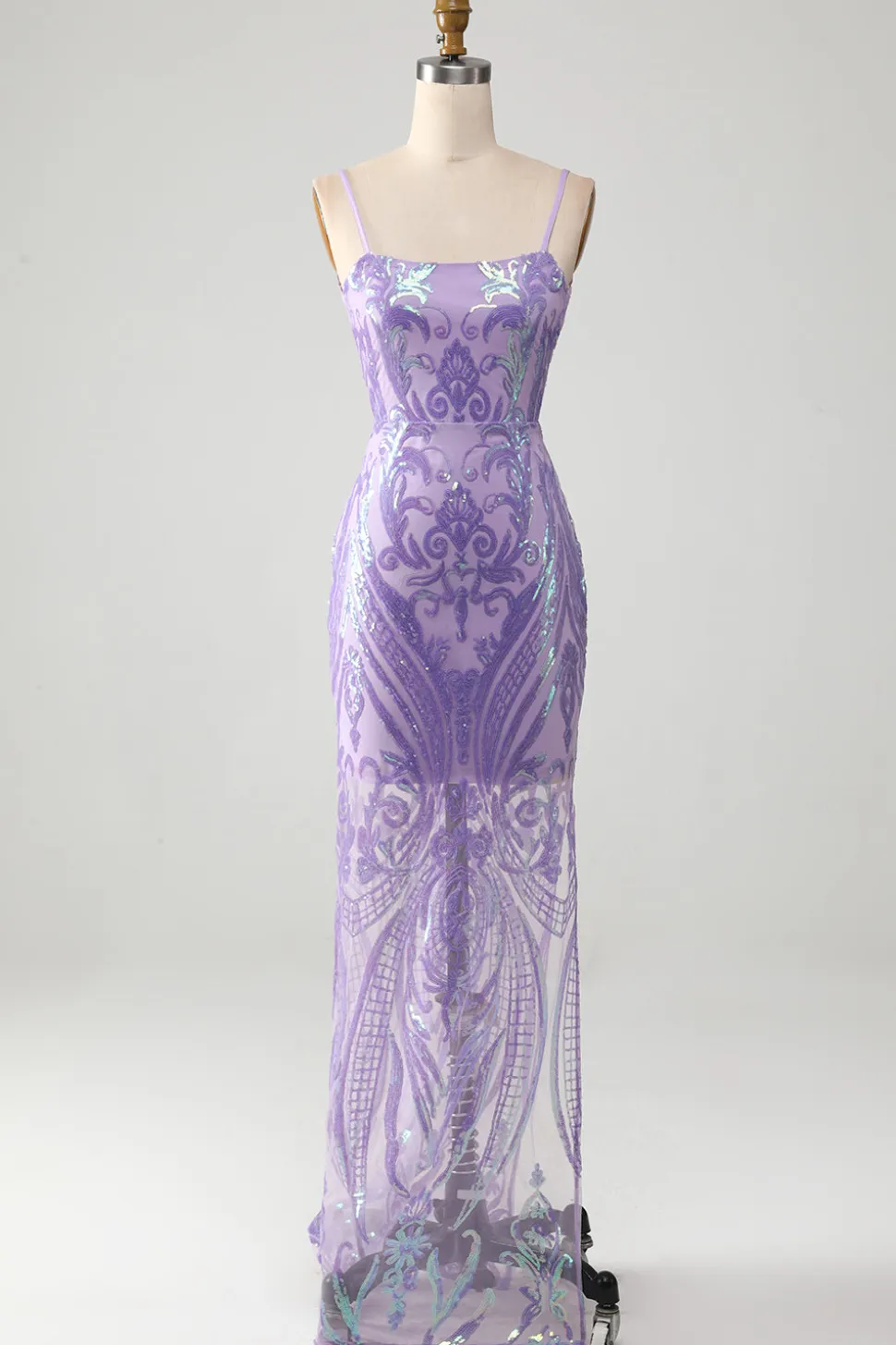 Vestido de baile sem costas roxo claro com lantejoulas