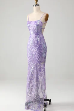 Vestido de baile sem costas roxo claro com lantejoulas