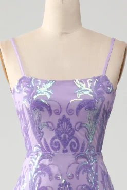 Vestido de baile sem costas roxo claro com lantejoulas