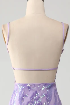 Vestido de baile sem costas roxo claro com lantejoulas
